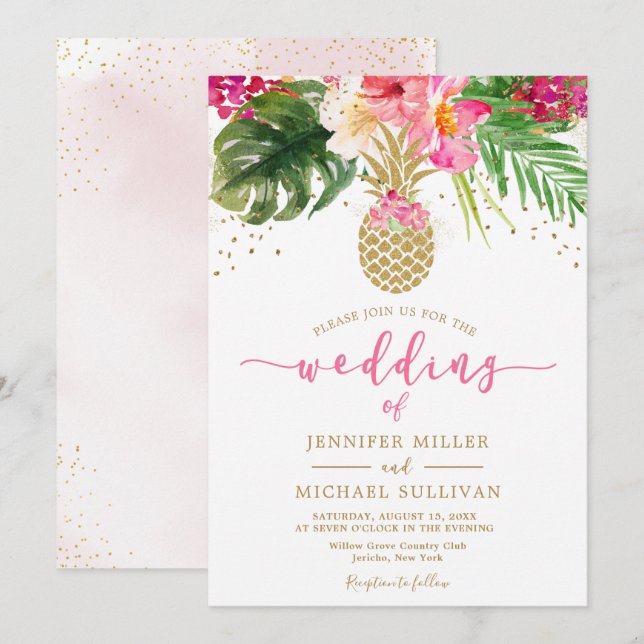 Pineapple Pink Gold Floral Tropical Wedding Invitation (Front/Back)