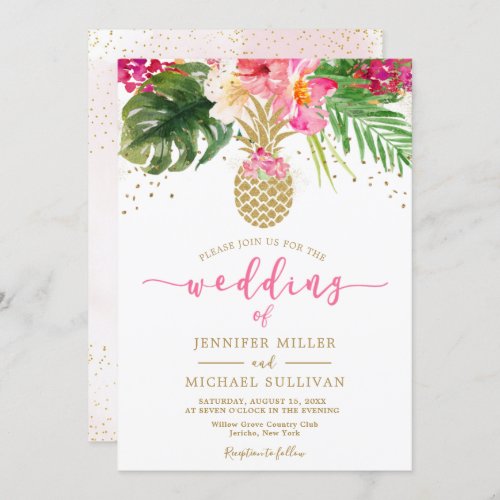 Pineapple Pink Gold Floral Tropical Wedding Invitation