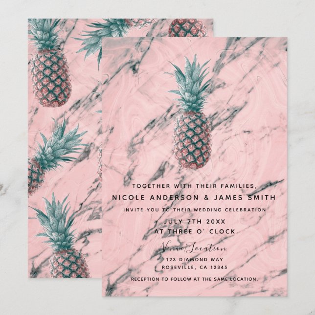 Pineapple & Pink Marble Swirl Modern Chic Wedding Invitation (Front/Back)