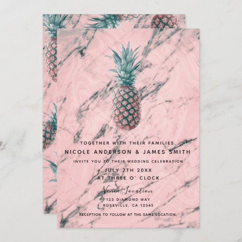 Pineapple  Pink Marble Swirl Modern Chic Wedding Invitation