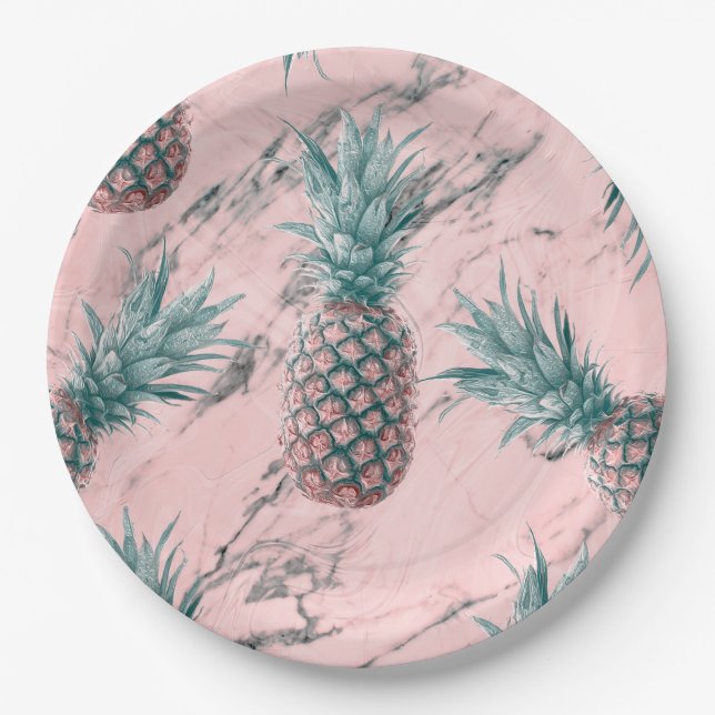 Pineapple Pink Marble Swirl Modern Party Paper Plates (Front)