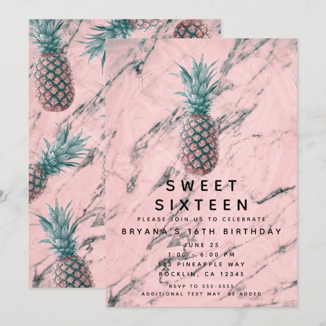 Pineapple Pink Marble Swirl Modern Sweet 16 Party Invitation (Front/Back)