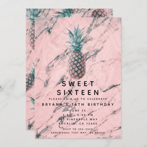 Pineapple Pink Marble Swirl Modern Sweet 16 Party Invitation