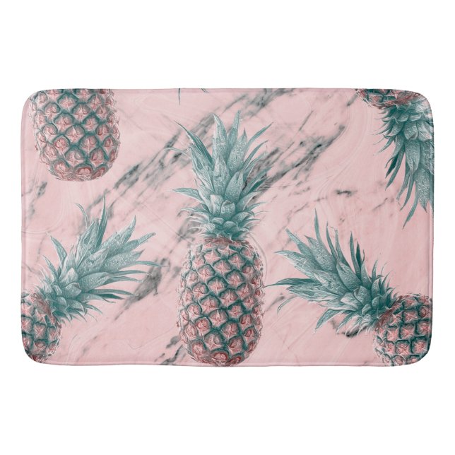 Pineapple & Pink Marble Swirl Modern Tropical Chic Bathroom Mat (Front)