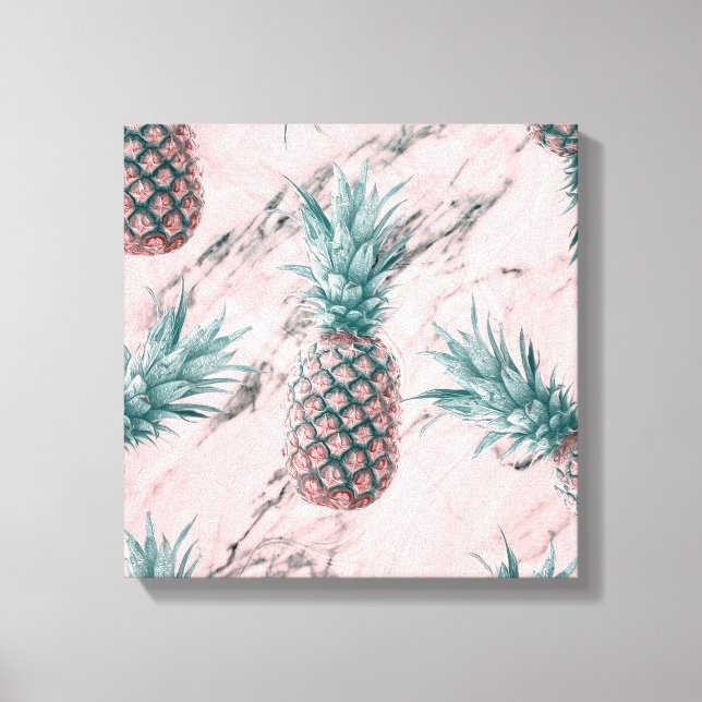 Pineapple & Pink Marble Swirl Modern Tropical Chic Canvas Print (Front)
