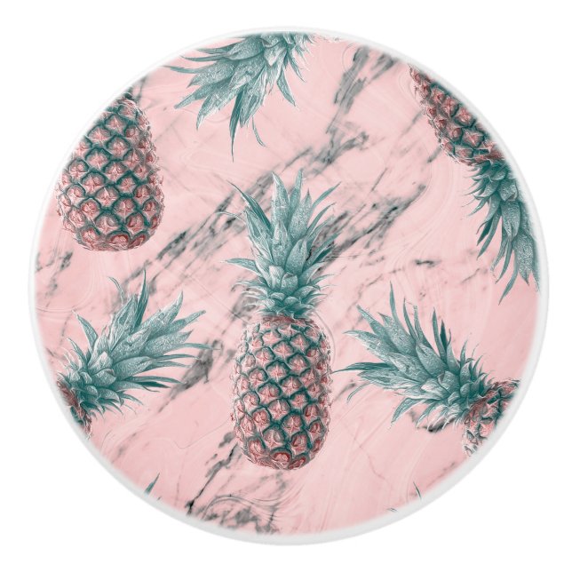 Pineapple & Pink Marble Swirl Modern Tropical Chic Ceramic Knob (Front)
