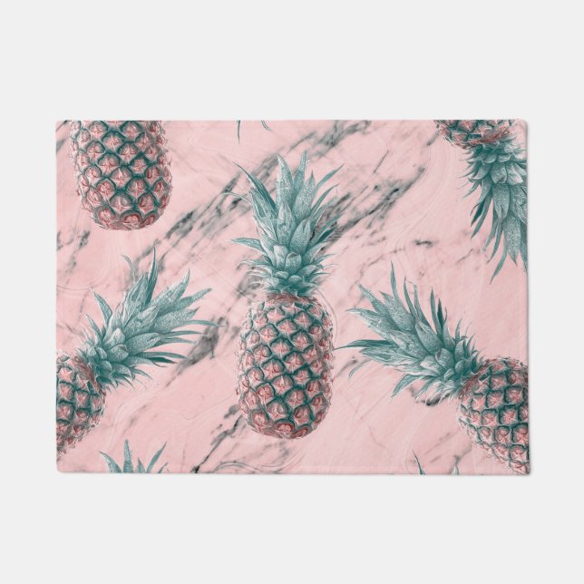 Pineapple & Pink Marble Swirl Modern Tropical Chic Doormat (Front)