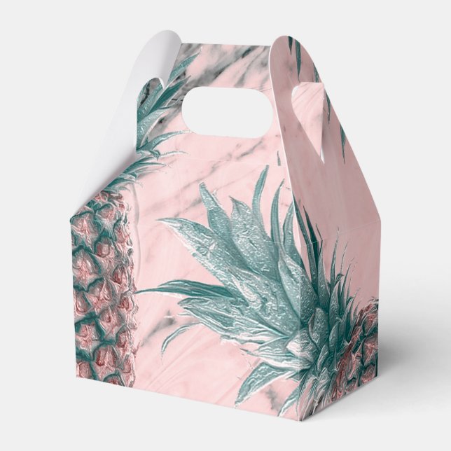 Pineapple & Pink Marble Swirl Modern Tropical Chic Favor Boxes (Front Side)