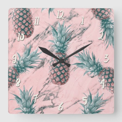 Pineapple  Pink Marble Swirl Modern Tropical Chic Square Wall Clock