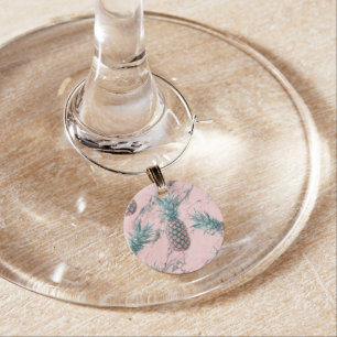 Pineapple & Pink Marble Swirl Modern Tropical Chic Wine Glass Charm