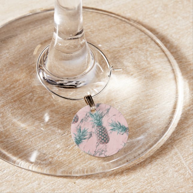 Pineapple & Pink Marble Swirl Modern Tropical Chic Wine Glass Charm (In Situ)