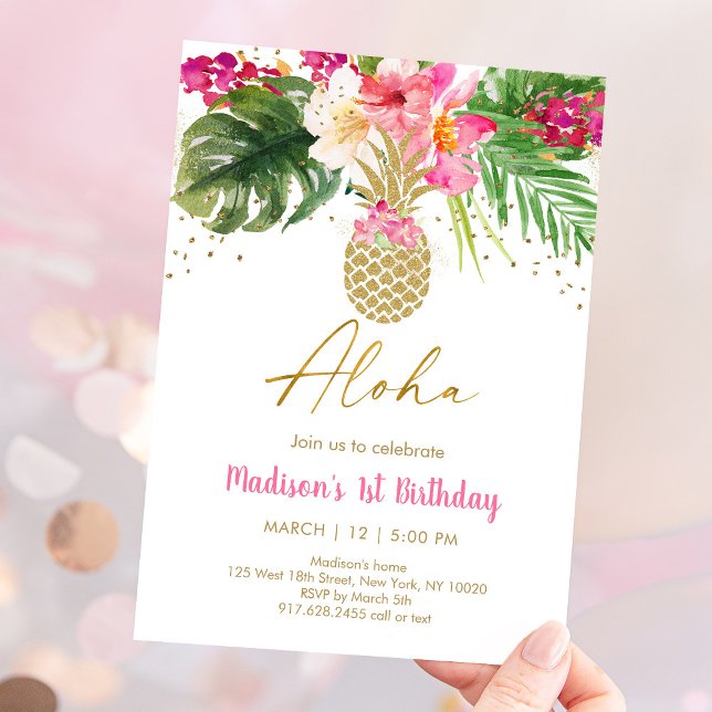 Pineapple Pink Tropical Floral Birthday Invitation (Creator Uploaded)