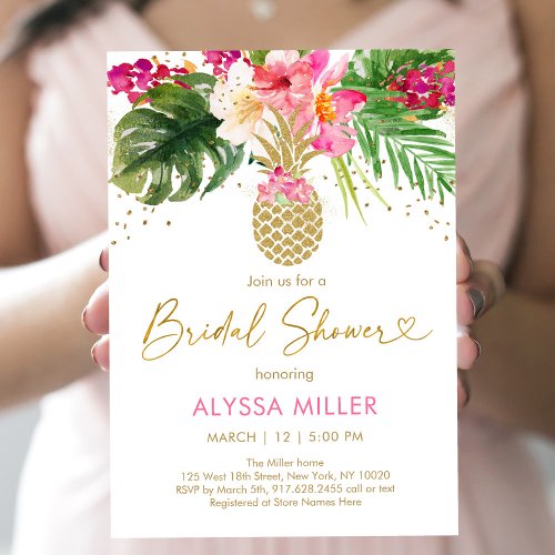 Pineapple Pink Tropical Floral Bridal Shower Invitation