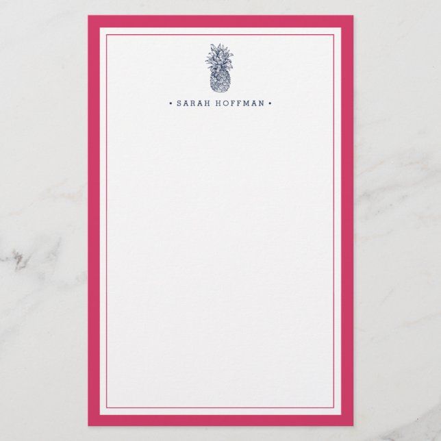 Pineapple Prep | Pink & Navy Personalized Stationery (Front)