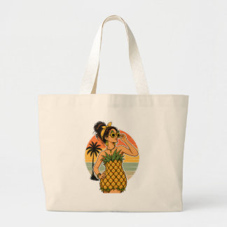 Pineapple Queen Retro Tropical Summer Vibes Large Tote Bag