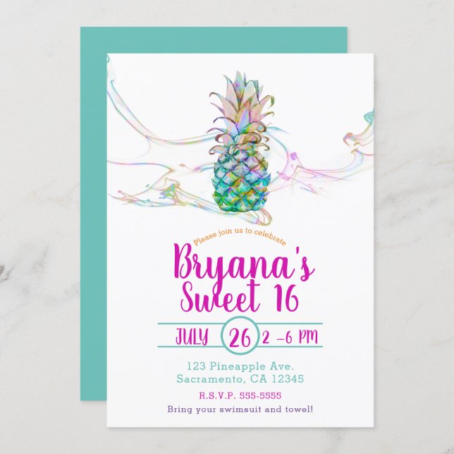Pineapple Rainbow Color Splash Sweet 16 Party Invitation (Front/Back)