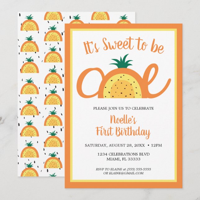 Pineapple Rainbow, Sweet to be One, 1st Birthday Invitation (Front/Back)