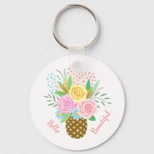 Pineapple Rose Bouquet Hello Beautiful Pink Yellow Keychain
