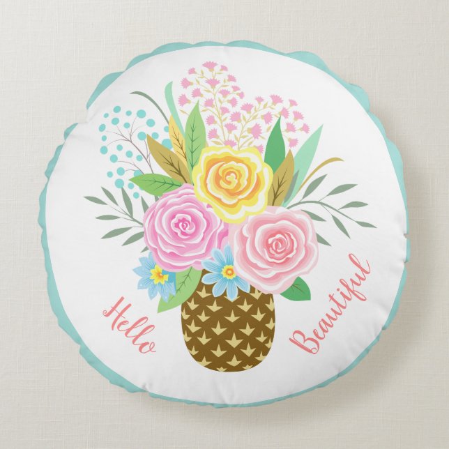 Pineapple Rose Bouquet Hello Beautiful Pink Yellow Round Pillow (Front)