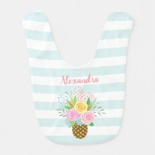 Pineapple Roses Bouquet Pink Turquoise Stripes Baby Bib