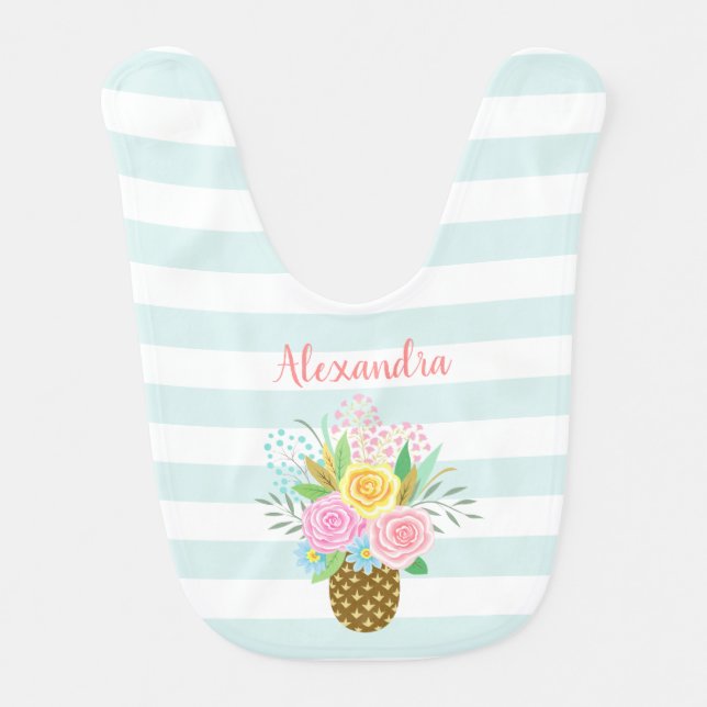 Pineapple Roses Bouquet Pink Turquoise Stripes Baby Bib (Front)