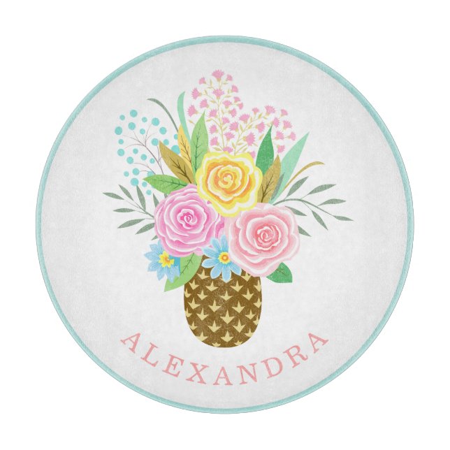 Pineapple Roses Bouquet Pink Yellow Cutting Board (Front)