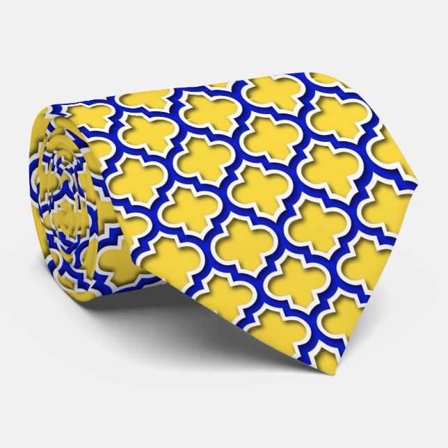 Pineapple Royal Blue Wht Moroccan Quatrefoil #5DS Neck Tie (Rolled)