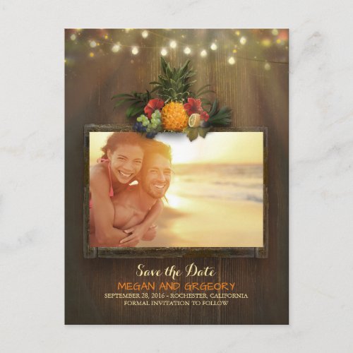 Pineapple Rustic Beach Lights Photo Save the Date Announcement Postcard - Beach string lights and tropical pineapple photo save the date postcards with old wood background