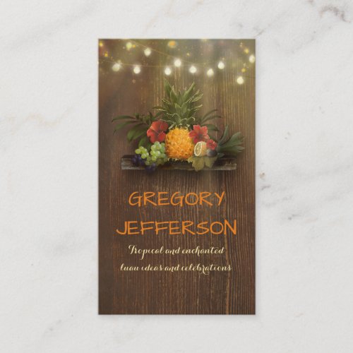 Pineapple Rustic Beach String Lights Tropical Business Card - Beach string lights, pineapple, tropical flowers and fruits, palm leaves luau party business card