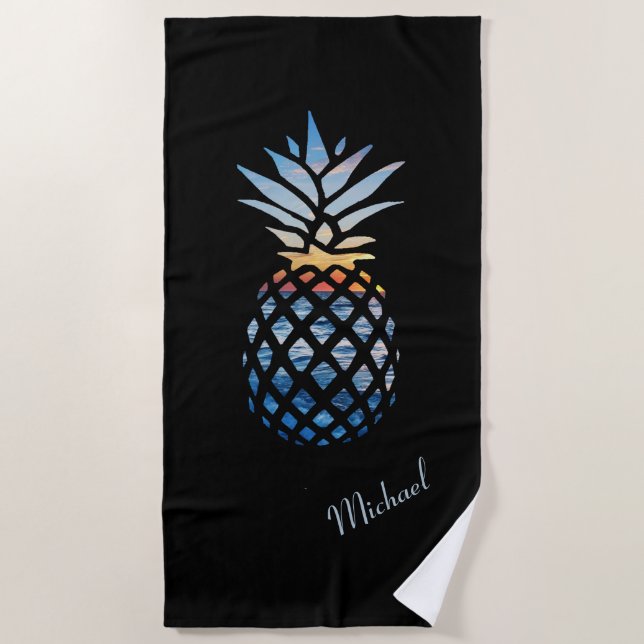 Pineapple Seaside Sunset Personalized Beach Towel (Front)