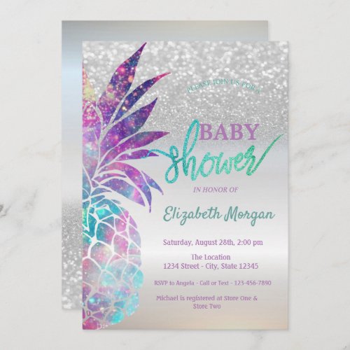 Pineapple Silver Glitter Bokeh Baby Shower Invitation