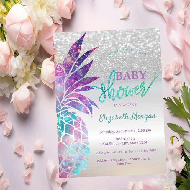 Pineapple Silver Glitter Bokeh Baby Shower Invitation (Creator Uploaded)