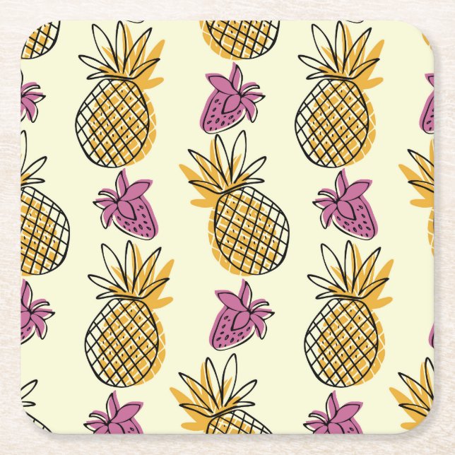 Pineapple, strawberry vintage textile design. square paper coaster (Front)