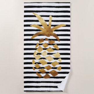 Pineapple & Stripes - Gold on Black/White Beach Towel