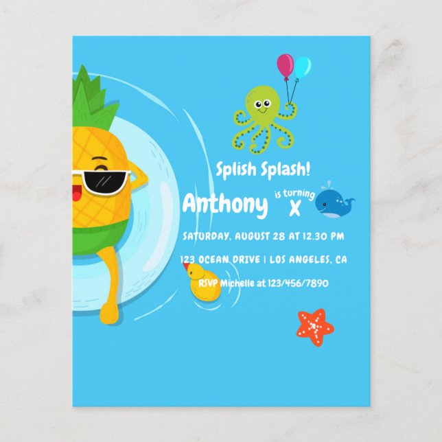 Pineapple Summer Splish Splash Birthday Party  Flyer (Front)