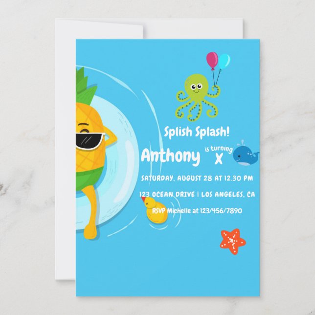 Pineapple Summer Splish Splash Kids Birthday Party Invitation (Front)