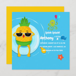 Pineapple Summer Splish Splash Kids Birthday Party Invitation