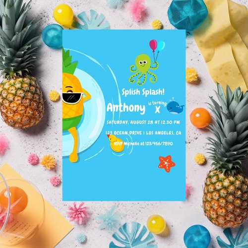 Pineapple Summer Splish Splash Kids Birthday Party Invitation