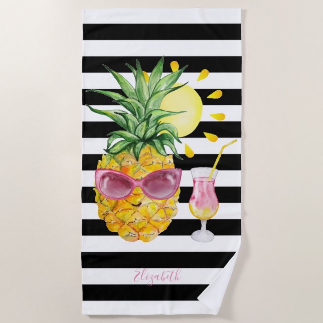  Pineapple,Sun,Cocktail Black White Stripes  Beach Towel (Front)