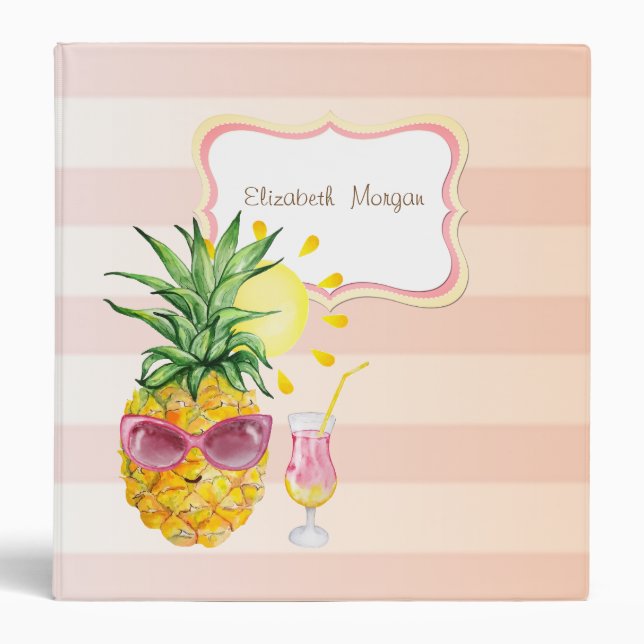 Pineapple,Sun,Cocktail, Striped 3 Ring Binder (Front)
