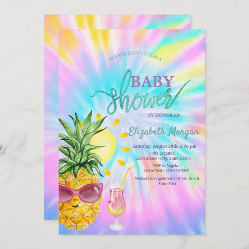 PineappleSunCocktail Tie Dye Baby Shower Invitation