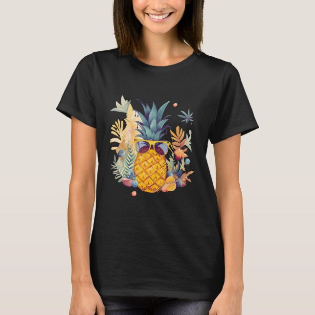 Pineapple Sunglasses Beach Hawaiian Vacation Flowe T-Shirt (Front)