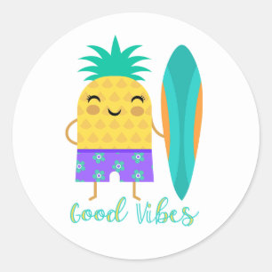 Pineapple Surf Board Surfing Summer Good Vibes Classic Round Sticker