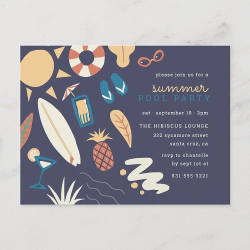 Pineapple Surf  Sun  Retro Summer Pool Party Invitation Postcard
