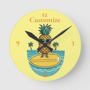 Pineapple Surfer Rides A Wave Thunder_Cove Round Clock