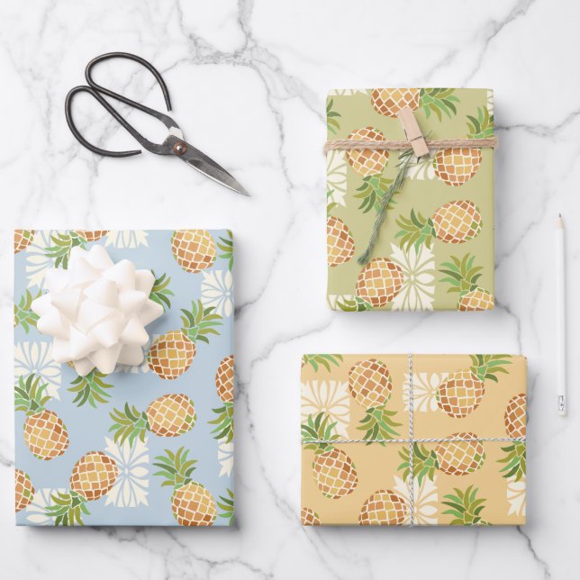 Pineapple Toss in Orange, Blue, and Green Wrapping Paper Sheets (Front)