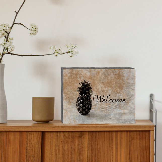 Pineapple Traditional Welcome Hospitality Tan Wooden Box Sign (Creator Uploaded)