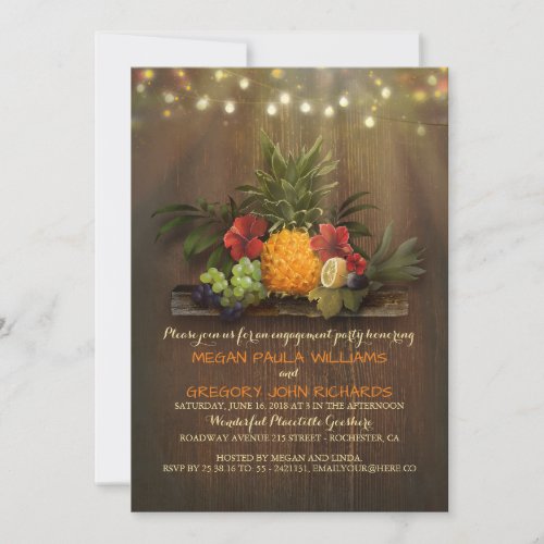Pineapple Tropical Beach Lights Engagement Party Invitation - Tropical pineapple fruits bouquet and beach string lights luau engagement party invitations