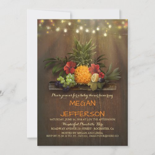 Pineapple Tropical Beach Lights Luau Baby Shower Invitation - Luau string lights, tropical flowers and pineapple with palm leaves enchanted and rustic baby shower invitations