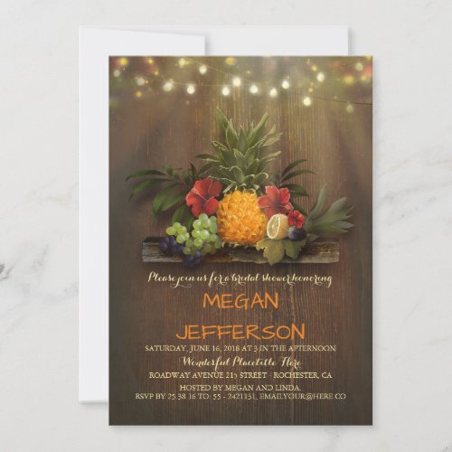 Pineapple Tropical Beach Lights Luau Bridal Shower Invitation - Luau string lights, tropical flowers and pineapple with palm leaves enchanted and rustic bridal shower invitations